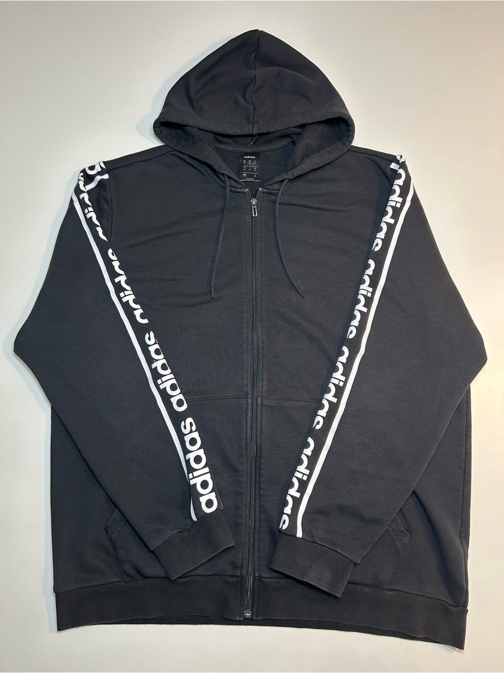 Adidas Black Logo Taped Sleeves Full Zip Hoodie Track Jacket Sweatshirt